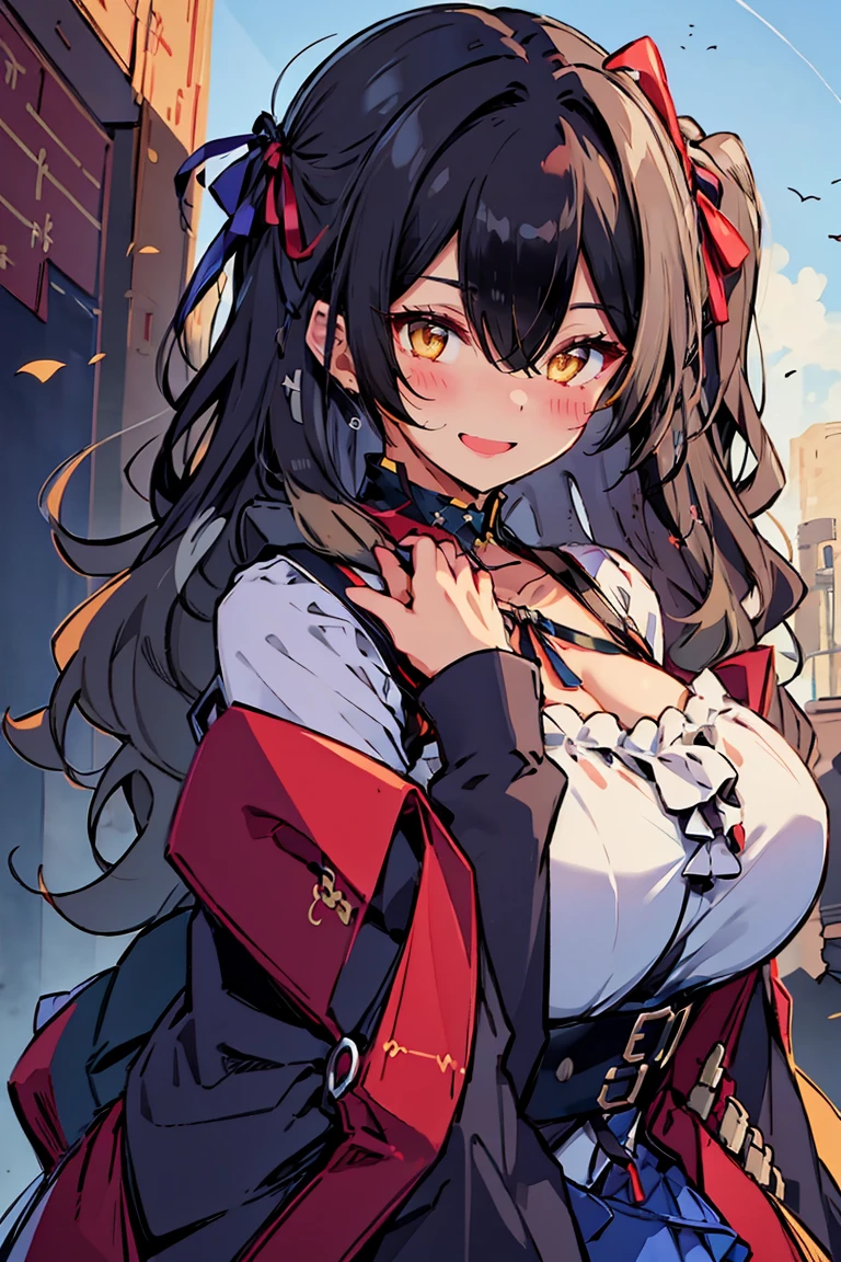 (masterpiece:1.2), (high quality:1.2), (hui xiyi:0.6), rekkyo sensen, rekkyou sensen, girls with((black hair, bangs, (one side up, long wavy hair:1.55), hand up, waving is hands, perfect hands, perfect fingers, exposed breasts, tits cleavage, breasts close up, dress((suspenders, dress, blue camisole dress:0.65), (belts:0.7), (blue clothes, frills shirt, black underwear and silver choker, jacket, long sleeves, straps, ribbon:1.2)), upper body)), background with((celtic world, legend world, fantasy, ruin, castle, beautiful sky, shining sky, sunshine))