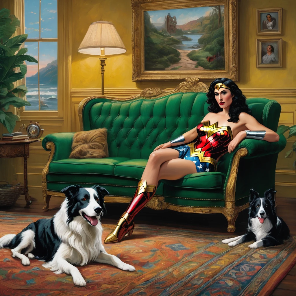 A playfully lounging wonder woman, clad in his iconic green and yellow suit, sprawled on a luxurious couch with an affectionate border collie by his side, engrossed in watching TV. The scene captures a moment of relaxation and companionship between his furry, depicted in a vivid and detailed painting that intricately showcases their bond. Every element of the image is meticulously rendered, from the intricate stitching on wonder woman suit to the intelligent gaze of the border collie, creating a visually stunning and emotionally resonant portrayal.