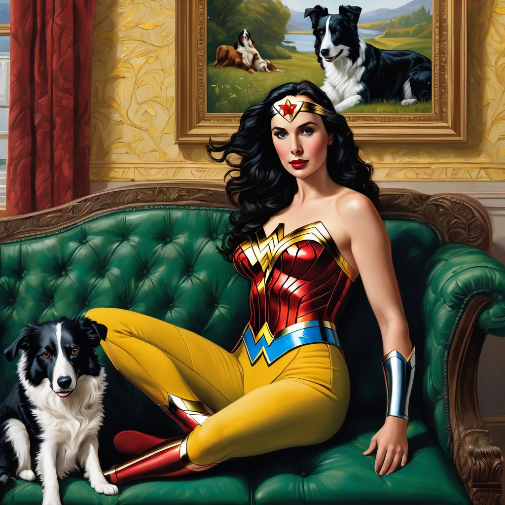 A playfully lounging wonder woman, clad in his iconic green and yellow suit, sprawled on a luxurious couch with an affectionate border collie by his side, engrossed in watching TV. The scene captures a moment of relaxation and companionship between his furry, depicted in a vivid and detailed painting that intricately showcases their bond. Every element of the image is meticulously rendered, from the intricate stitching on wonder woman suit to the intelligent gaze of the border collie, creating a visually stunning and emotionally resonant portrayal.