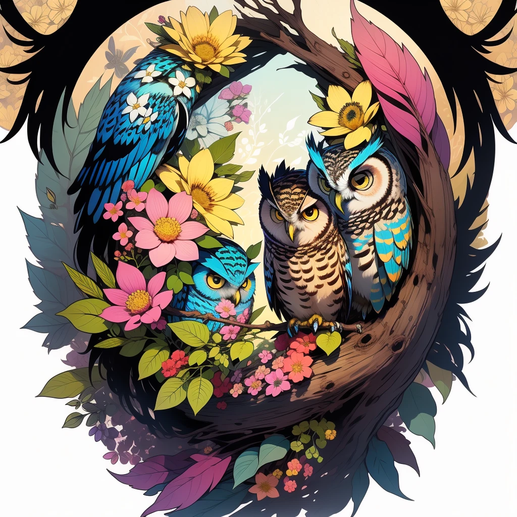 Colorful owl tattoo design, illustrated with creeping flowers.