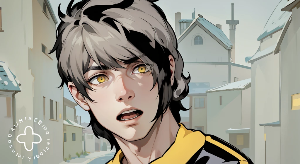 He is very scared He speaks with his mouth open He is yawning  boy Black hair and yellow eyes He is asking something with some pain, in the background you can see a house in a town