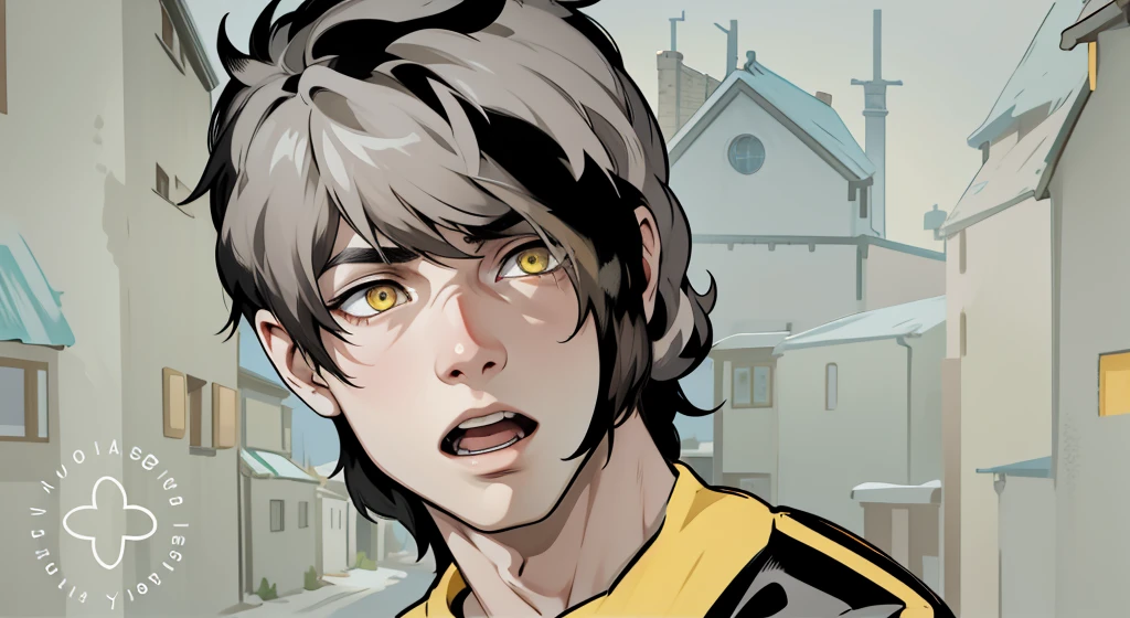 He is very scared He speaks with his mouth open He is yawning 17 year old boy Black hair and yellow eyes He is asking something with some pain, in the background you can see a house in a town