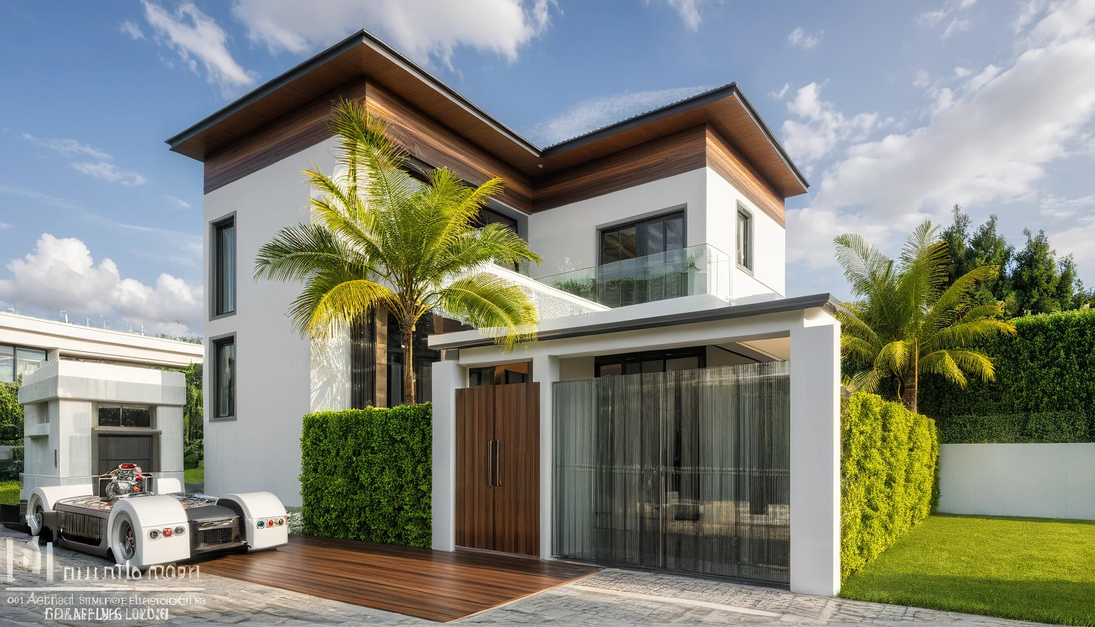 modern villa on street, (daylight), tropical tree, vivid colour, streetcapes, white tone, white wall, large glass door, warm interior lighting, wood and marble, best quality, 17ArchiAI_XL_VL-v1