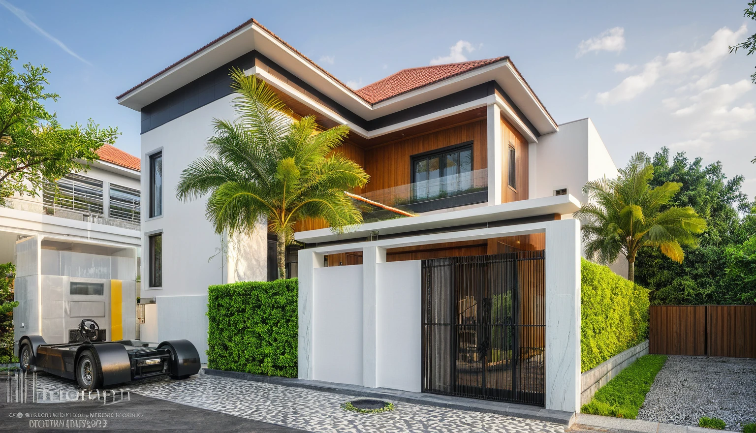 modern villa on street, (daylight), tropical tree, vivid colour, streetcapes, white tone, white wall, large glass door, warm interior lighting, wood and marble, best quality, 17ArchiAI_XL_VL-v1
