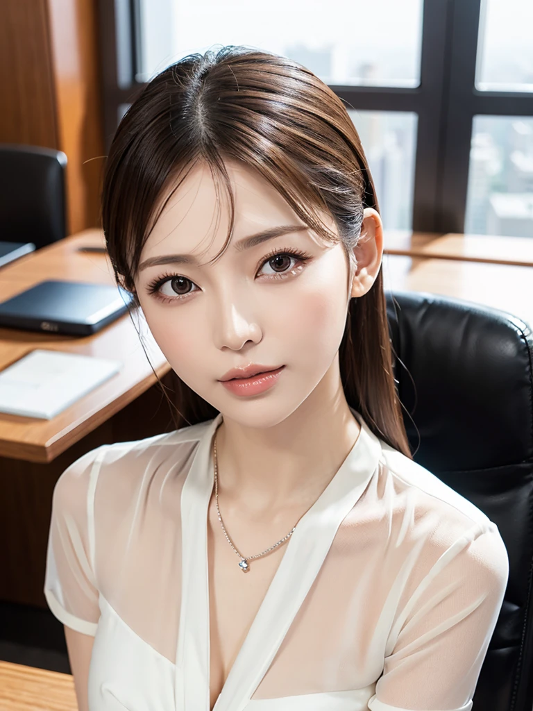 elegant office lady in a revealing white blouse, beautiful detailed eyes, beautiful detailed lips, extremely detailed eyes and face, long eyelashes, slender body, thin face, delicate features, flawless porcelain skin, glistening sweat, ultra-thin hands, ultra-fine fingers, best ratio four finger and one thumb, realistic, see-through white blouse, office setting, one-person viewpoint, Fuji Film, F/1.2, 8K, masterpiece, nffsw, super detail, high quality, best quality, high resolution,