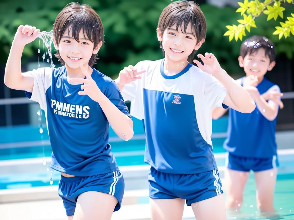 Summer vacation elementary school、The pool in summer is nice、Soaking wet、Japan Boy、Glowing water splashes、A good boy dripping with water、Playing innocently、hot day、Two Boys、Various poses、Short sleeve gym uniform、Blue shorts、physical education、barefoot，Boys only 、１０age