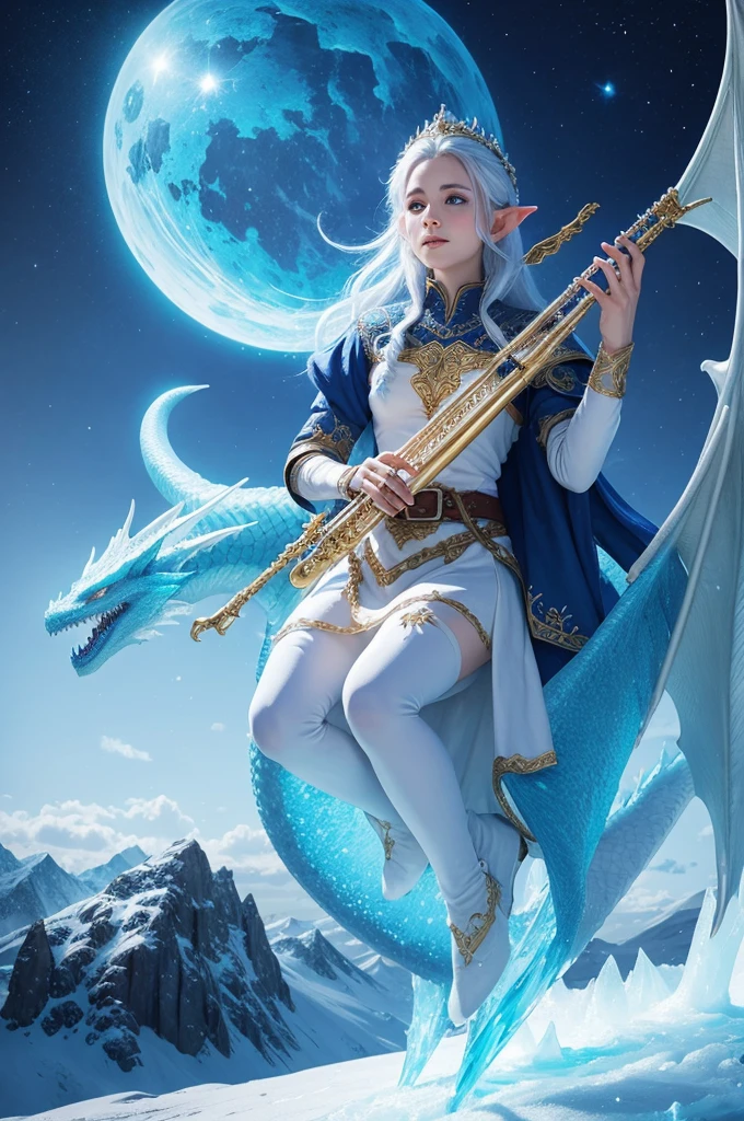 Create an elf RPG bard playing the flute, tamer of an ice dragon on top of an ice mountain