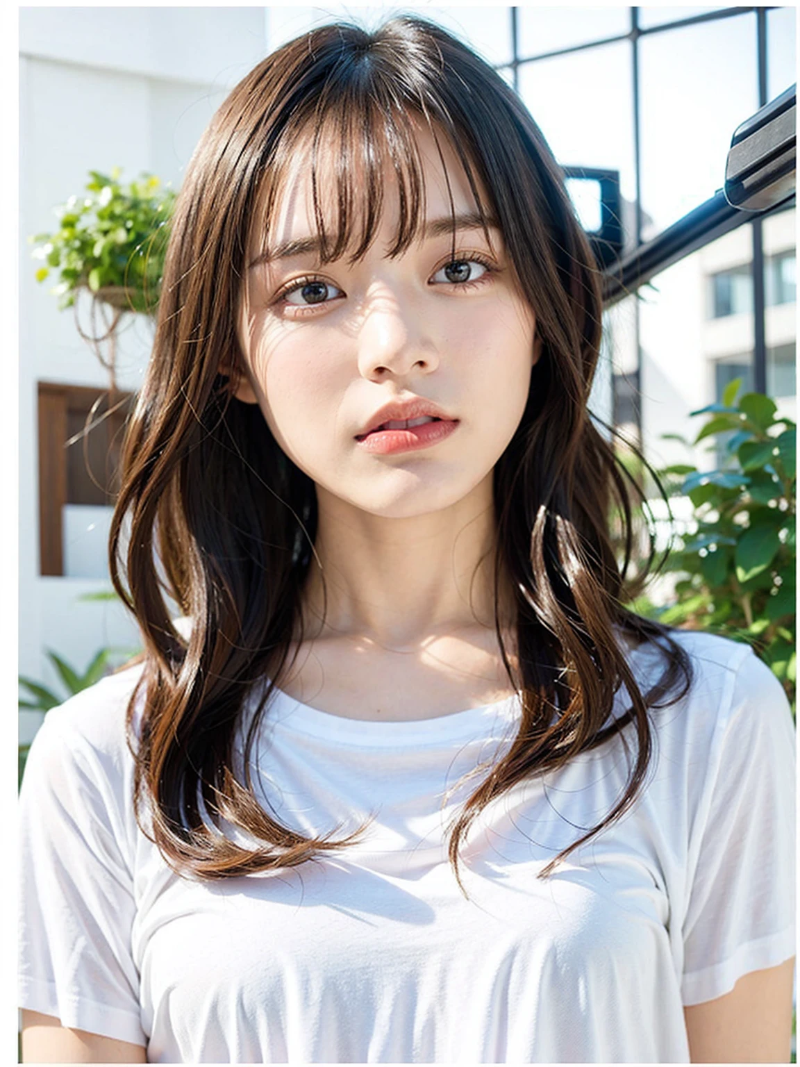 Dressed in a white T-shirt、