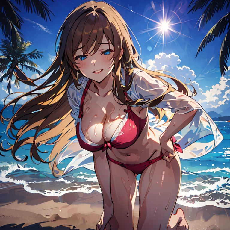 (masterpiece:1.2, best quality), (finely detailed beautiful eyes: 1.2), ((1girl)), ((solo)), (finely detailed eyes and detailed face:1.3), (scenery:1.2), (extremely detailed CG, ultra-detailed, best shadow:1.1), ((depth of field)), beautiful concept illustration, (illustration:1.1), (extremely fine and beautiful:1.1), (perfect details:1.1), ((undressing in front of an viewer, erotically standing on knee, capturing the moment when her clothes are lowered and she caresses herself, caressing breast or erotically licking her finger, while caresiing close eyes, open mouth or parted lips)) White skin that emphasizes transparency, crisp eye makeup, ruddy blush, thick natural parallel eyebrows, Light brown hair, long hair, soft curly hair, smile, wet skin, sweat, Floral bikini swimsuit, o-ring bikini, beautiful sky, beautiful sea, cloud, sun light, sitting, summer, beach, lens flare, shining, aureole mesmerizing eyes, luscious lips, shadowplay emphasizing beauty, artistic composition. (best quality, highres, masterpiece:1.2), ultra-detailed, (realistic:1.37) illustration, erotic style, soft lighting, sweat glistening on her body, gentle warmth, dark and mysterious, small breast,narrow waist,(with sparkling eyes and a contagious smile),her thin pubic hair,