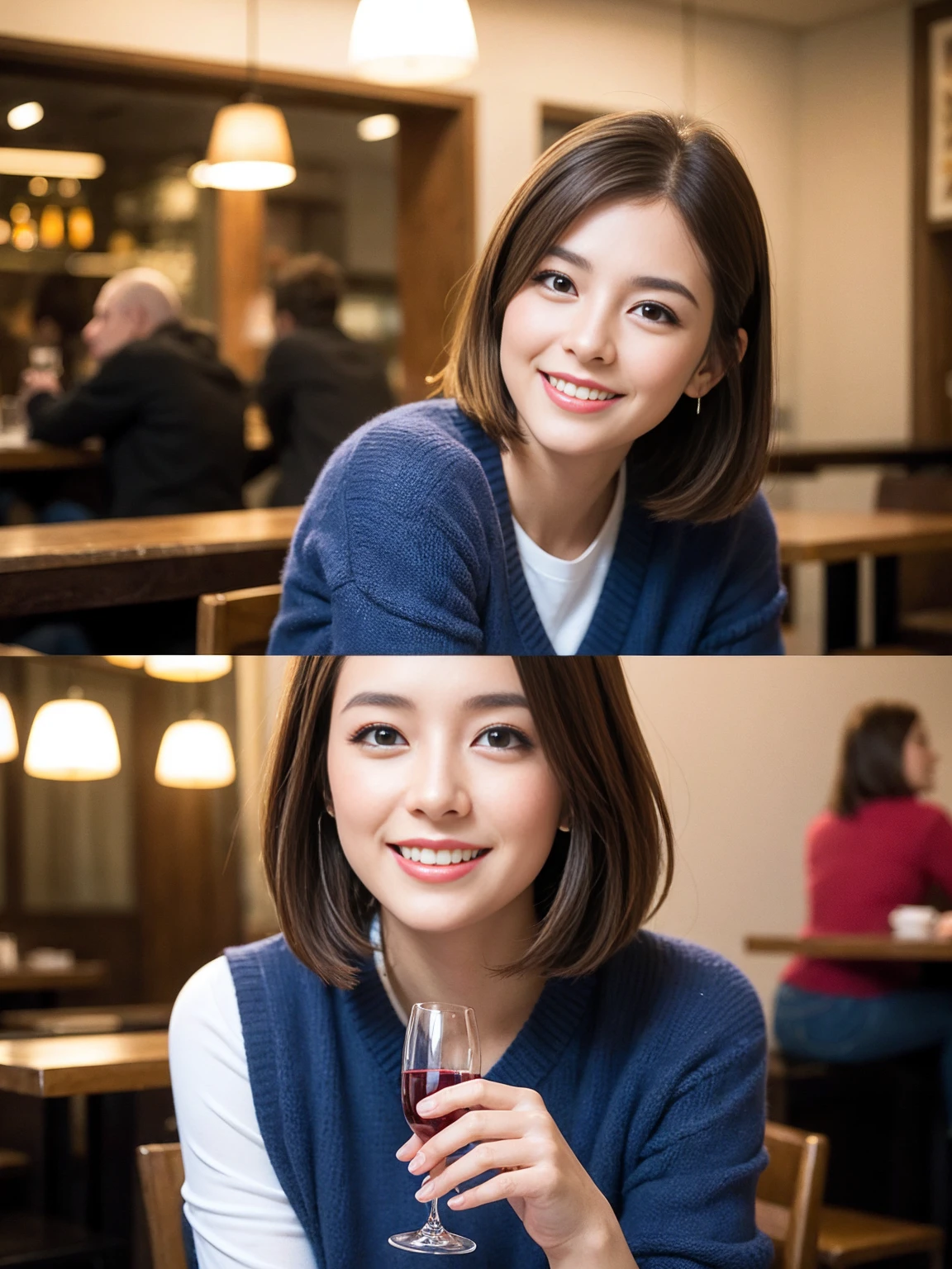 ((Highest quality、8K、masterpiece:1.3))、slimカップル、modelカップル、(Realistic, Intricate details:1.2), full-course dinner、Wine Party、Amazing view of the sunset sky and clouds、A bright smile、The wonderfulness of smile、Bright image、The beauty of wine, Beautiful Face, blue eyes, The light shines on your face, Blushing, short hair,Bright Face、 (Age 37), 39 years old, red wine 、Appetizers、Italian food、Wine bottle、Champagne、sparkling wine、Two beauties、Brown Hair、Shortcuts、Long sleeve shirt、dress、Beautiful woman 1, (slimな顔), (The body is slim), (Brown Hair), (Shortcuts), cheeks turn a little red,Attractive beauty、restaurant, In a prominent place (From the waist up) Nova Frog Style, actress, model, Upper Body, White wine, slim, wine glass, 中央に置かれたwine glass, smile, (smile: 1.15), Beautiful fine grain, Depth f/2,saturation, High Contrast, Strong light and shadow,Moist Body:1.5、3D texture、Delicate eyes、Brown Hair、The hair is very shiny、