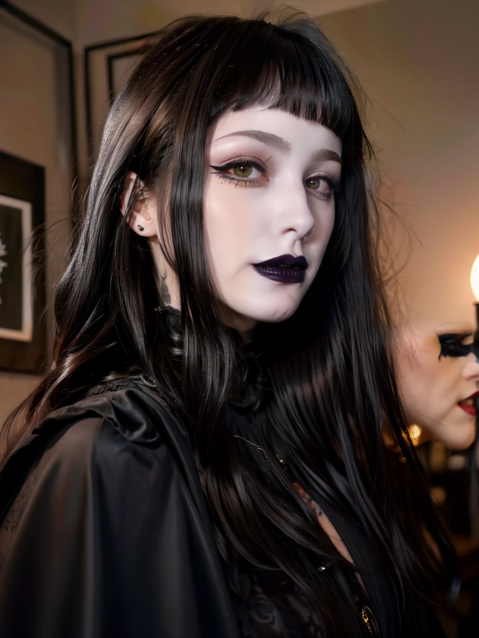 Best quality, masterpiece, super high resolution, (realism: 1.4), tattoos, long hair, pale skin, goth, happy, indoors, black lipstick, microbangs