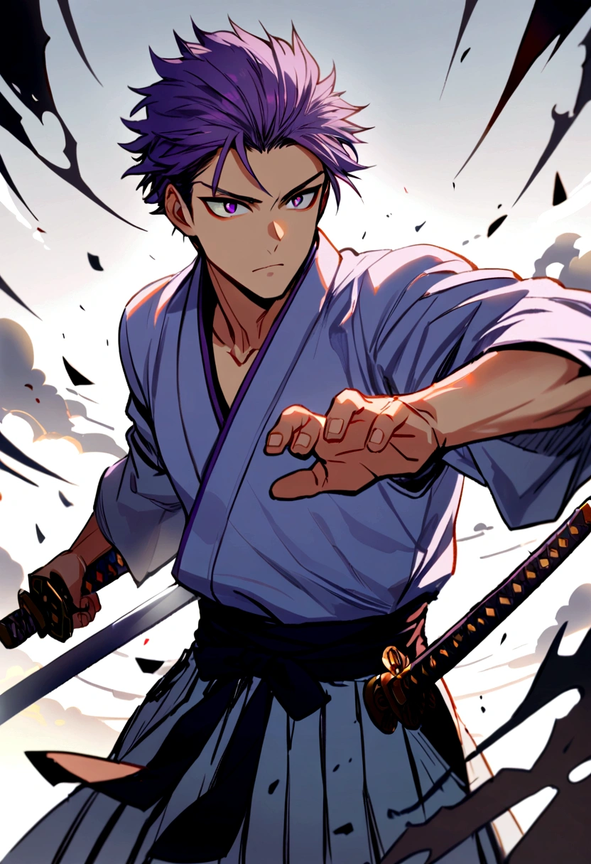 1boy, purple hair, male, teenager, handsome, pretty, katana, hakama, Prepare to fight