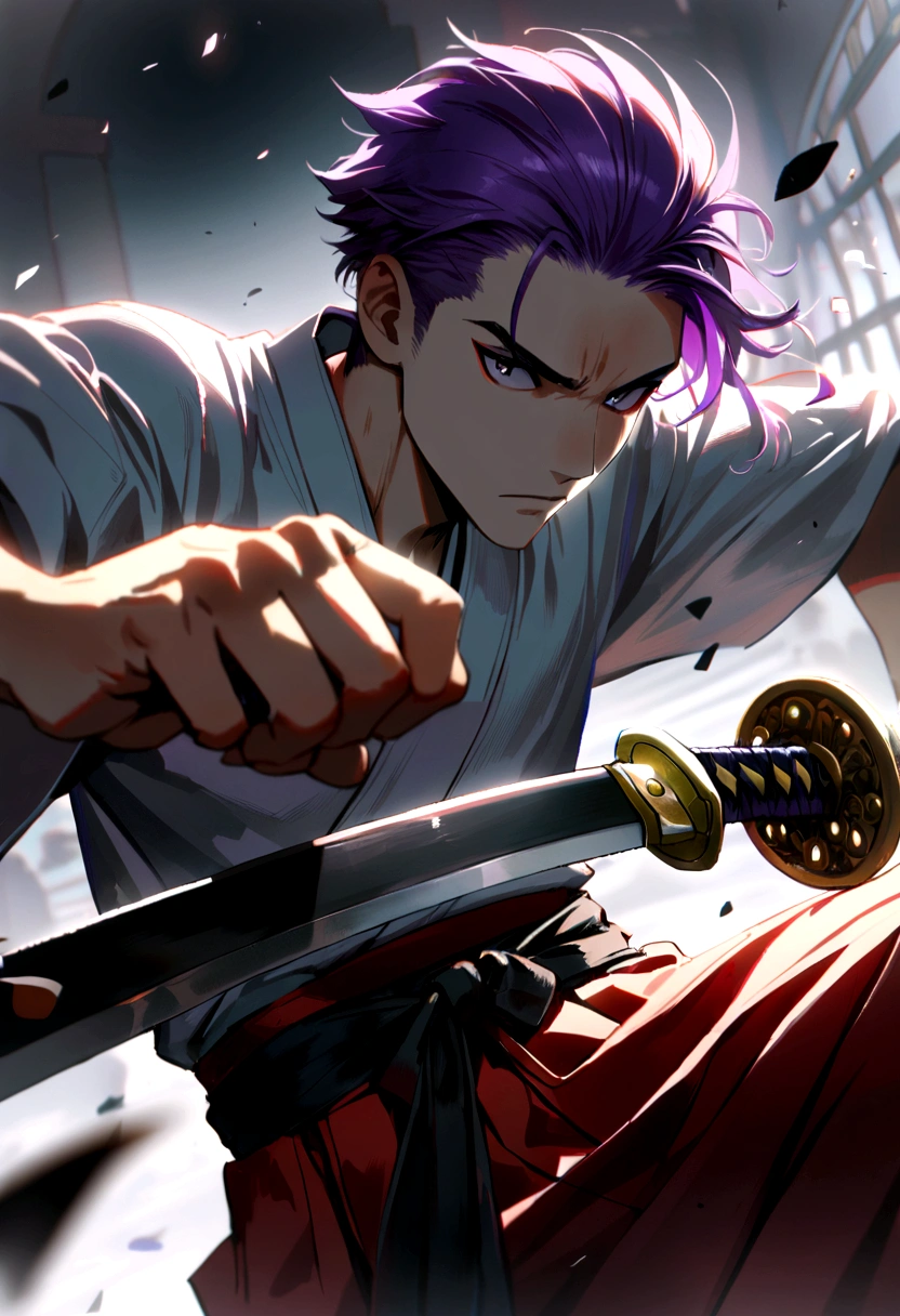 1boy, purple hair, male, teenager, handsome, pretty, katana, hakama, Prepare to fight