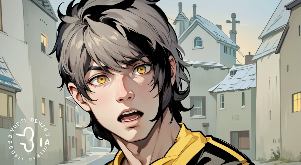 He is very scared He speaks with his mouth open He is yawning 17 year old boy with black hair and yellow eyes He is asking something with some pain, in the background you can see a house in a town