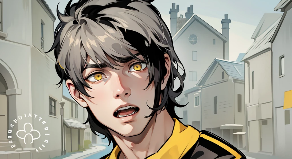 He is very scared He speaks with his mouth open He is yawning 17 year old boy with black hair and yellow eyes He is asking something with some pain, in the background you can see a house in a town