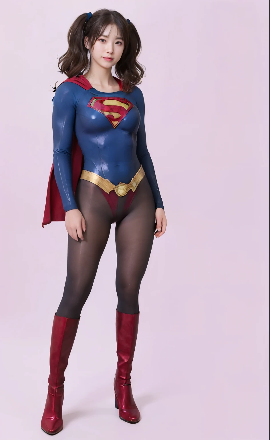 No background、(((Beautiful legs in black tights.)))、(((Legally express the beauty of your smile)))、((((Make the most of your original images)))、(((Supergirl Costume)))、(((Beautiful hair with twin tails)))、(((suffering)))、(((Please wear black tights....、Wear red boots)))、((Best image quality、8K))、((Highest quality、8K、masterpiece:1.3))、(((Preserve background )))、Sharp focus:1.2、Beautiful woman with perfect figure:1.4、Slim Abs:1.2、Wet body:1.5、Highly detailed face and skin texture、8K