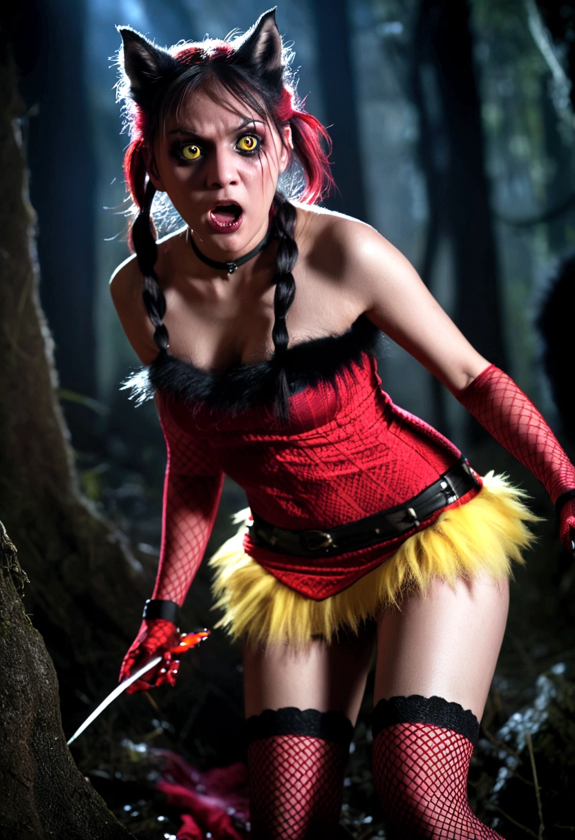 (damsel in distress)(multiple subjects, extreme complexity)(subject 1: a young woman ,belledel, torn red miniskirt, red fishnet top (damaged), red fishnet thigh high stockings (damaged), no underwear, twin pigtails with red high lights) running terrified through a dark haunted forest, (Subject 2: hungry monster, a werewolf (Big scary wolf man (black fur, yellow eyes) with tatters of red fabric on his claws)) chasing her, cinematic lighting, dramatic scene, detailed facial features, beautiful eyes, photorealistic, dark fantasy, (best quality,8k,highres,masterpiece:1.2),ultra-detailed,(realistic,photorealistic,photo-realistic:1.37),dramatic lighting,moody atmosphere,detailed textures,haunting,cinematic
