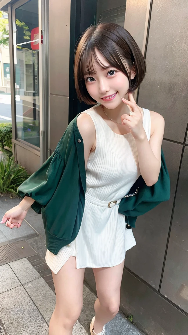 8K、best image quality、smile、masterpiece、spring、short hair、fine eyes、small breasts、A refreshing smile、Female college student、Dimples、New dresses for spring、Clear system、attending university、Ruck sack