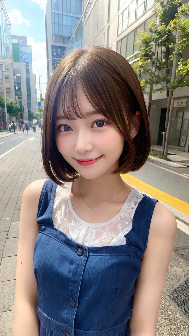 8K、best image quality、smile、masterpiece、spring、short hair、fine eyes、small breasts、A refreshing smile、Female college student、Dimples、New dresses for spring、Clear system、attending university、Ruck sack