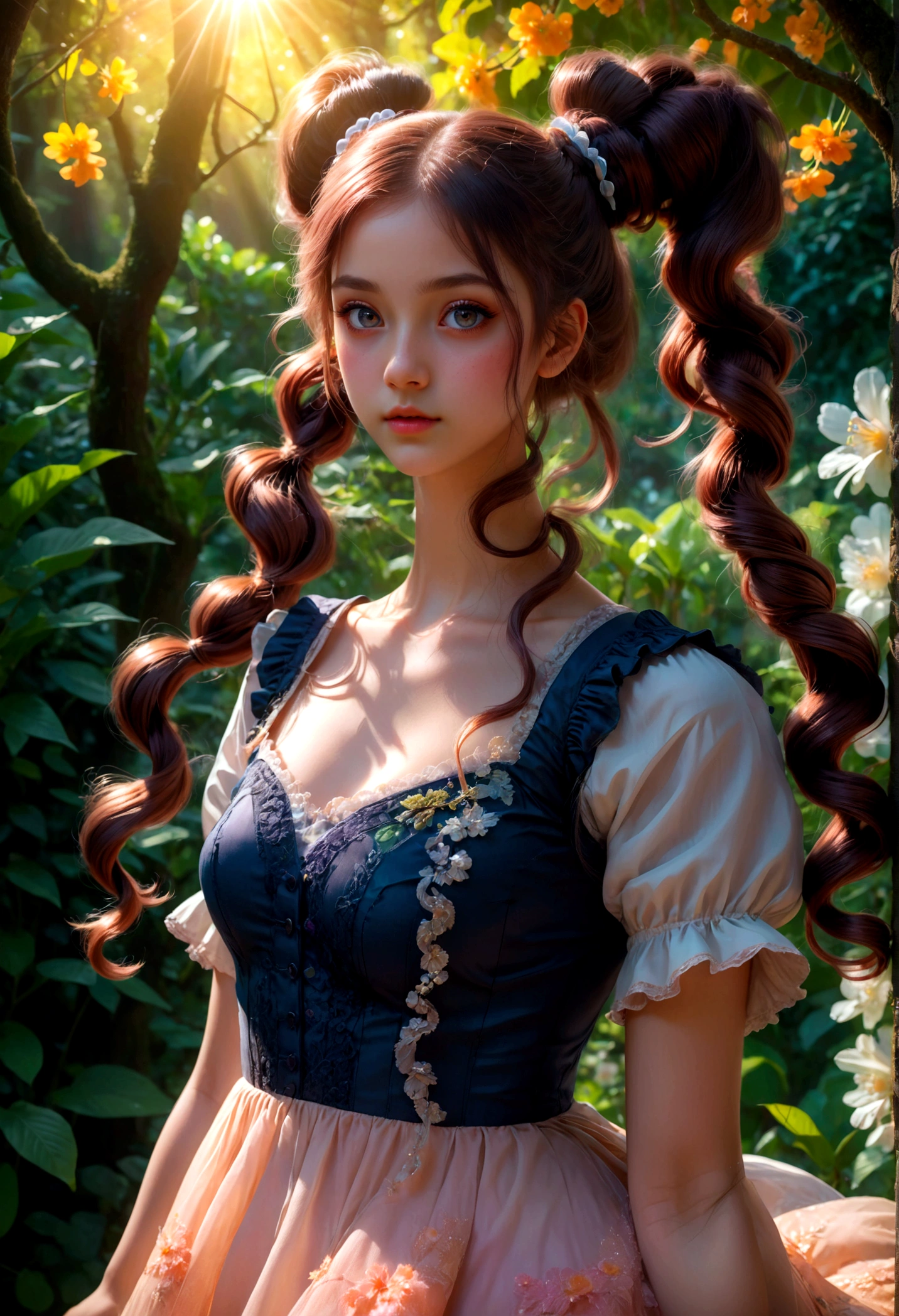1girl, Twin Tails, A beautiful young girl with twin tails hairstyle, extremely detailed eyes and face, longeyes, flowing hair, intricate dress, delicate features, serene expression, standing in a lush garden, sunlight filtering through the trees, vibrant colors, warm lighting, (4k,8k,highres:1.2), ultra-detailed, portrait, fantasy, masterpiece, best quality, very aesthetic, absurdres