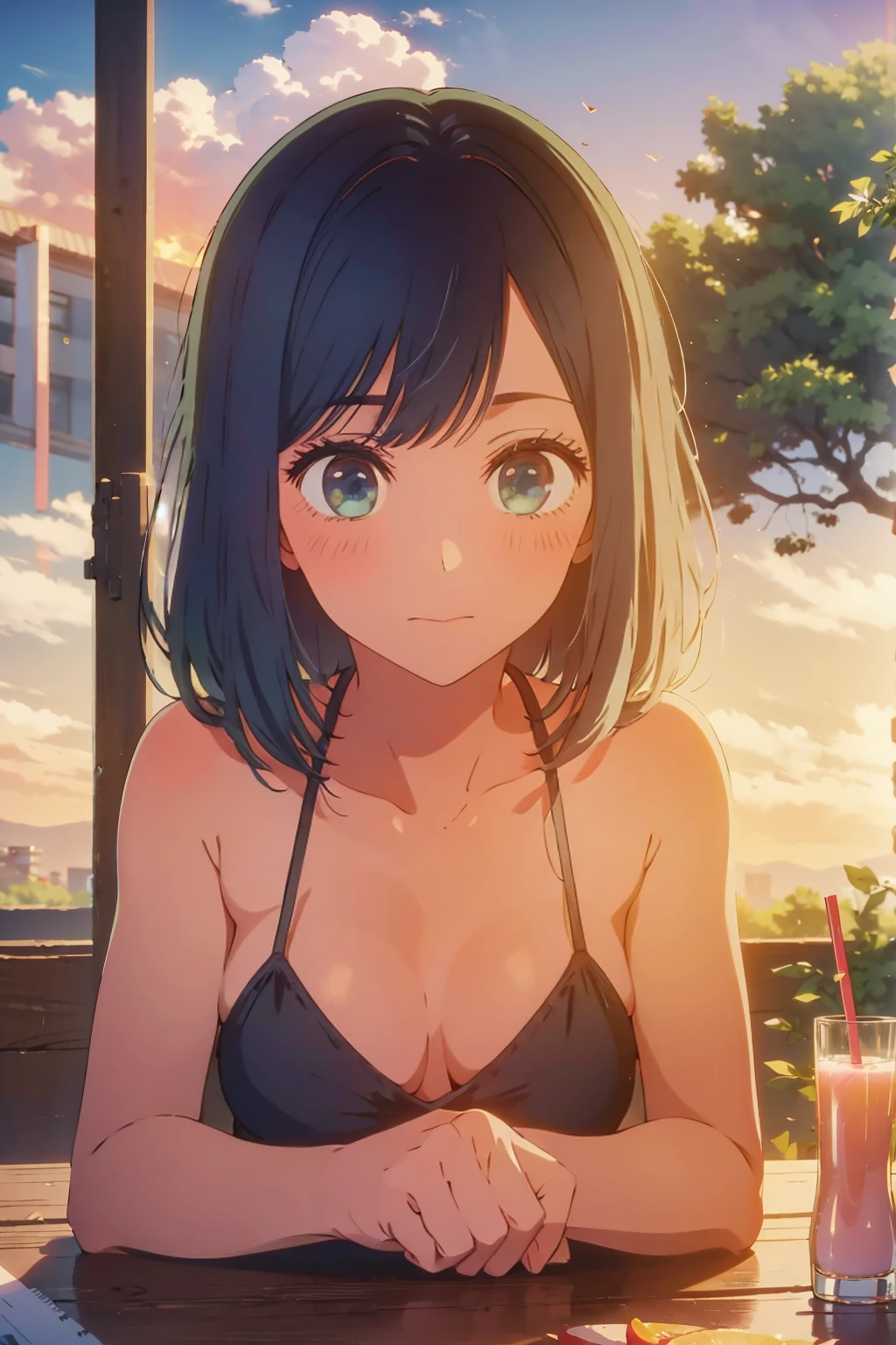 (Highest quality:1.4、masterpiece:1.4、Very detailed:1.4、8K:1.4)、F cup bust、Big Breasts、The body is slim、((((1 person、Surprised expression、sit、In the background you can see the urban buildings of Tokyo.、Looking into the camera、Outdoor cafe terrace、Sunset Beach、Navy hair color、Leaning against a wall、juice、table、sunset、Very cute face))))、((nude、Areola、bikini size too small))、Big eyes、((((Shallow depth of field))))