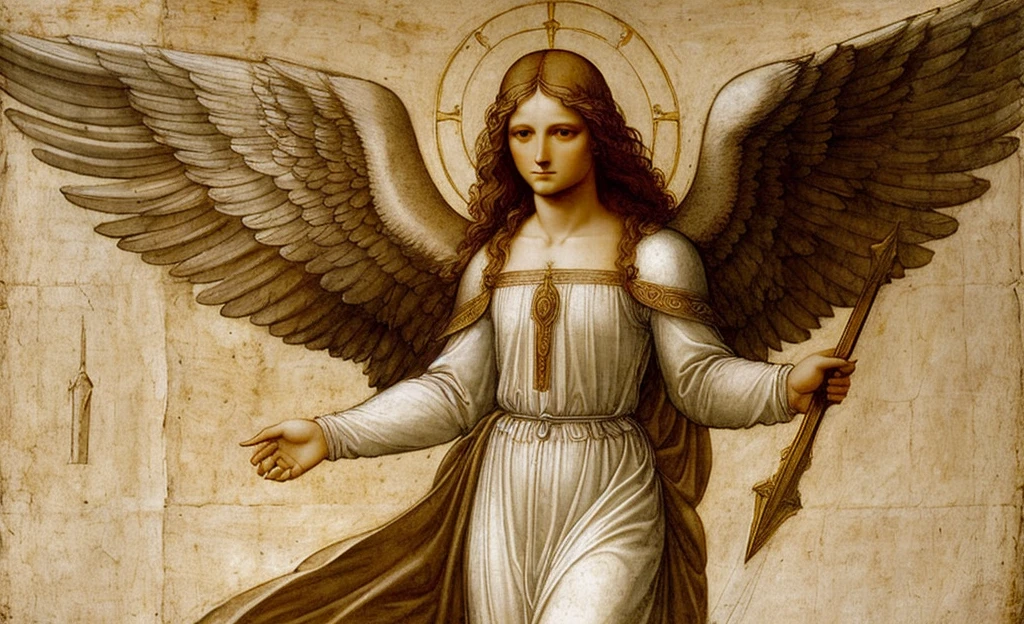 an archangel, with short hair, of the Christian religion, made in the style of leonardo da Vinci,  in front position, on a white background looking towards me spreading its 2 wings, erect and facing me, with garments similar to those of Jerusalem, and the angel looks in the art style of leonardo da vinci