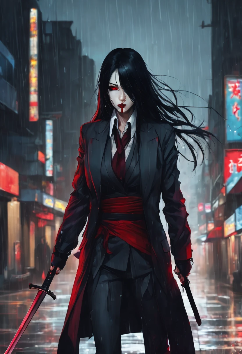 female assassin with long black hair,red eyes,There is a mole at the corner of the mouth.,Holding a katana sword,Wear a suit(The background is a rainy city at night.)bloody face