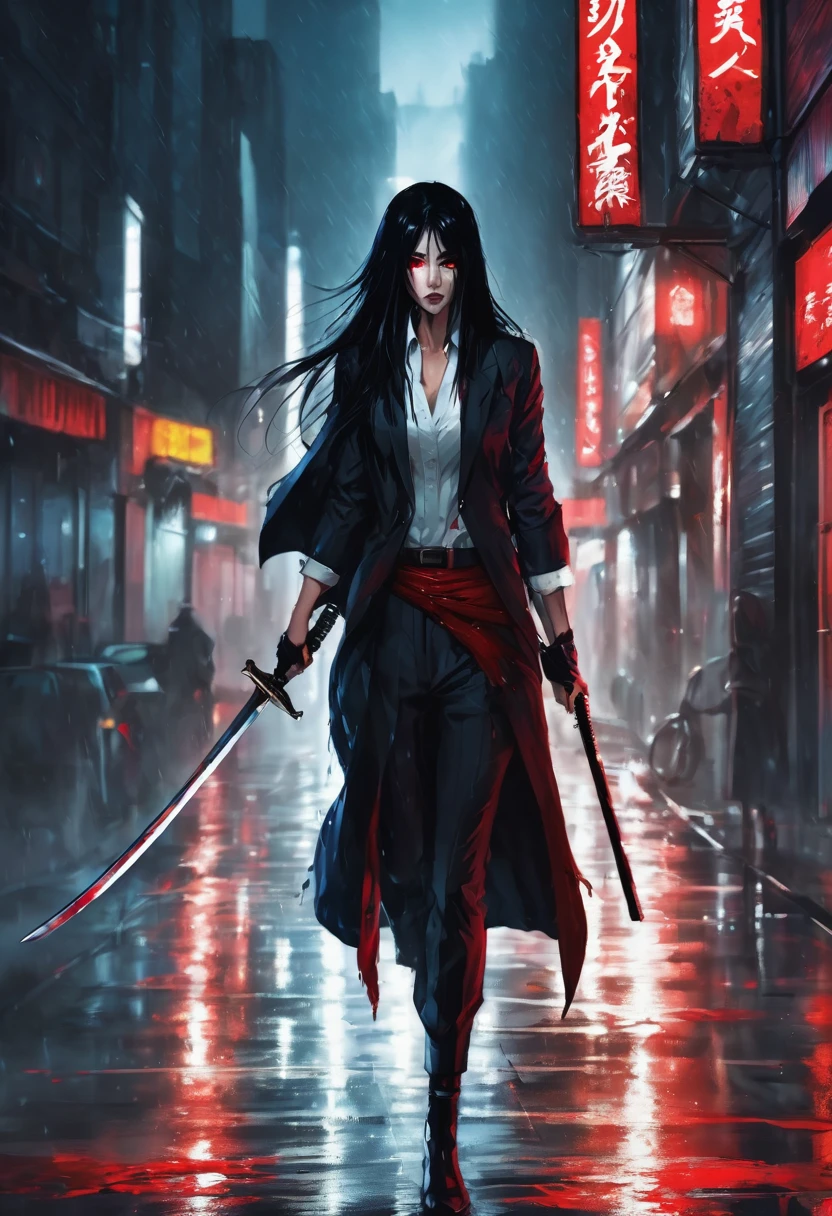 female assassin with long black hair,red eyes,There is a mole at the corner of the mouth.,Holding a katana sword,Wear a suit(The background is a rainy city at night.)bloody face