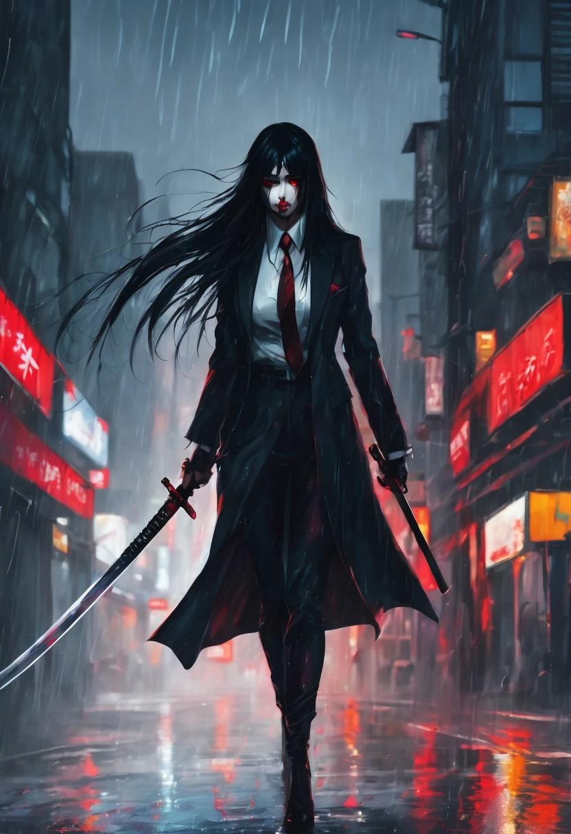 female assassin with long black hair,red eyes,There is a mole at the corner of the mouth.,Holding a katana sword,Wear a suit(The background is a rainy city at night.)bloody face