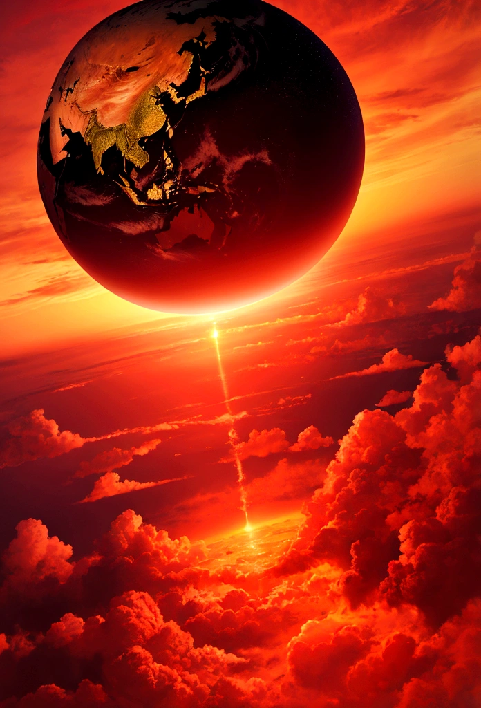 a earth fly on a red sky with cloud and a another earth with palm three