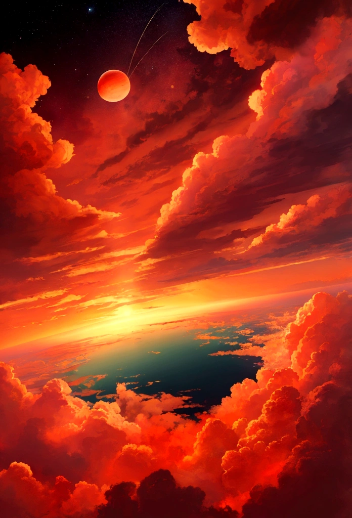 a earth fly on a red sky with cloud and a another earth with palm three