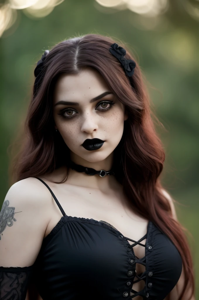 Professional portrait of a goth girl, with Megara from Hercules as her inspiration, is showcased in this ultra detailed and hyper realistic photograph. The girl wears a dark red top, revealing interesting shapes and intricate details. Her gorgeous figure is the epitome of surrealism, captured with a 85mm lens and bokeh lighting. The image is ultra unreal engine rendered, presenting natural body posture and bokeh background that adds to the intrigue. The beautifully detailed face of the goth girl is accentuated by her dark eye makeup and freckles. The photograph exudes a goth style mood and is reminiscent of the works of Jessica Drossin and Dima Dmit