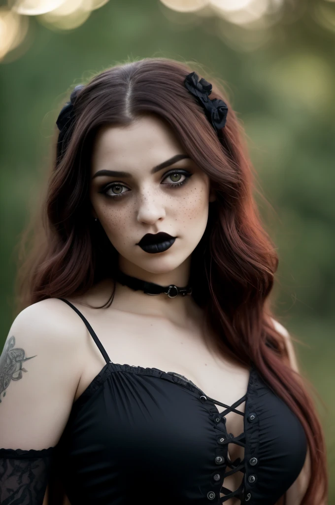 Professional portrait of a goth girl, with Megara from Hercules as her inspiration, is showcased in this ultra detailed and hyper realistic photograph. The girl wears a dark red top, revealing interesting shapes and intricate details. Her gorgeous figure is the epitome of surrealism, captured with a 85mm lens and bokeh lighting. The image is ultra unreal engine rendered, presenting natural body posture and bokeh background that adds to the intrigue. The beautifully detailed face of the goth girl is accentuated by her dark eye makeup and freckles. The photograph exudes a goth style mood and is reminiscent of the works of Jessica Drossin and Dima Dmit