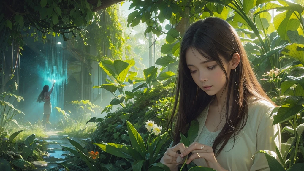 32k, Masterpiece, Highest quality, One girl, Brown Hair, Detailed eyes, flower,Amaryllis, Blue and green style,A dreamy, romantic piece,Pale yellow, Mysterious Leaves,A playful arrangement,Fantasy,High Contrast,Ink strokes,explosion,Exposure, Impression of blue and green tones,Abstract, Brush strokes,Negative Space, Tyndall effect, ((Watercolours by John Berkey and Jeremy Mann ))