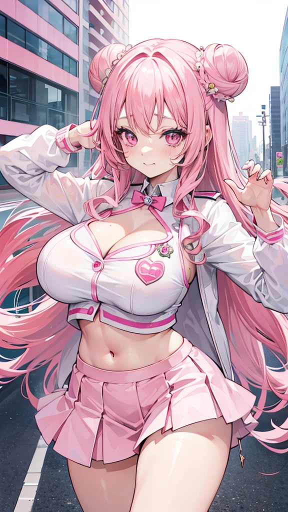 one woman, pink hair, gyaru, canine, aquamarine eyes, Double bun , navel, manicure, curly long hair, neat white uniform, piercer, mischievous laughter, cleavage, cute, short pink skirt, very large breasts, Long, thin, slit eyes, Stretch your mouth and laugh