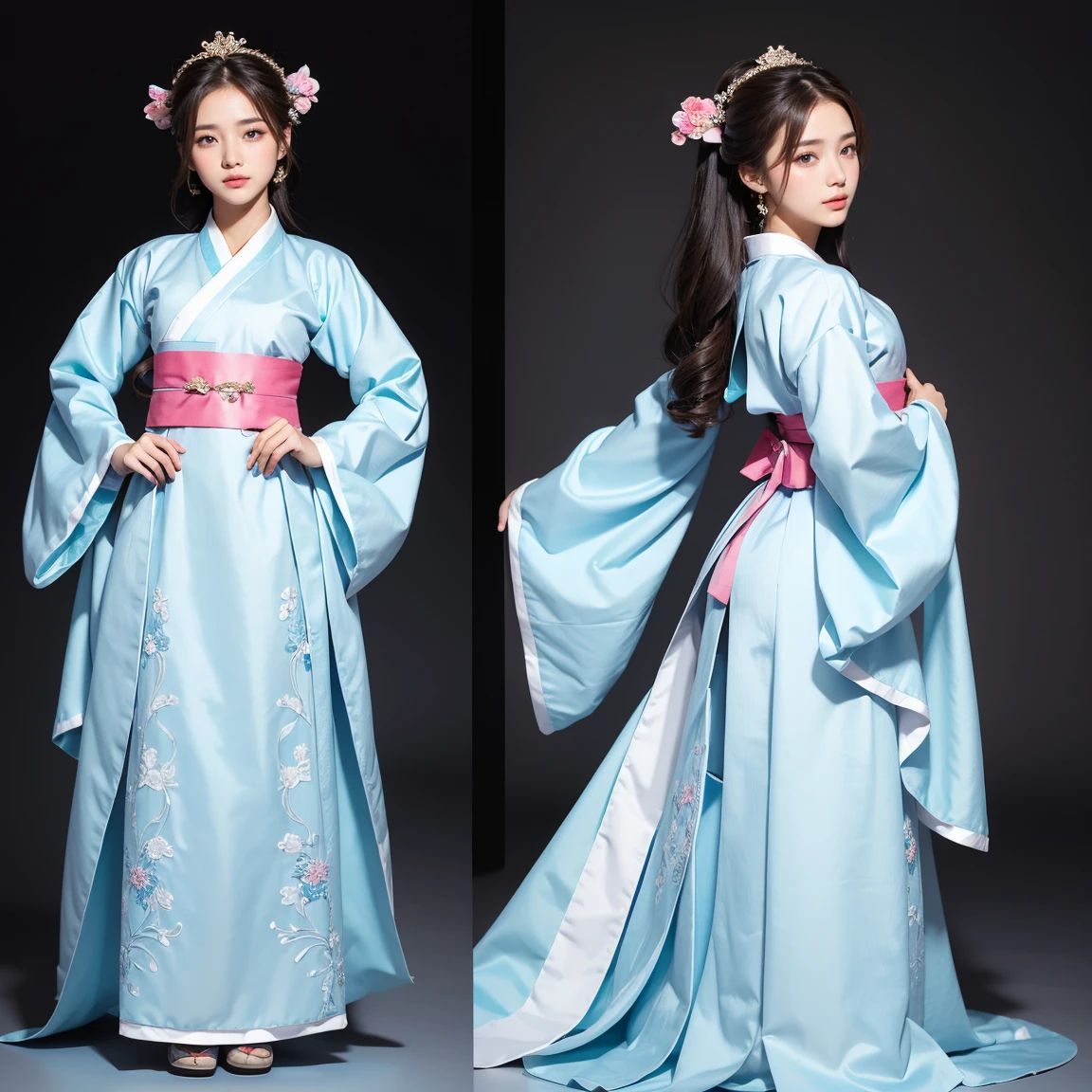 (masterpiece, best quality), ultra detailed, high resolution, 16k, the most beautiful face in the world, perfect face, delicate facial features, highly detailed beautiful face and eyes, shiny skin, highly detailed background, elaborately designed, fine cloth texture, perfect anatomy, BREAK, (gorgeous and stunning teenage girl in hanbok:1.2), perfect make-up, deeply in love, full of elegance, (full body:1.5), (three view drawing, front and back and side, character sheet:1.3)