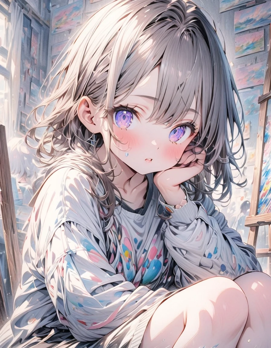 ((style:Colored pencil,pale colour)),(anime)、(masterpiece:1.2),Painting art、Girl painting、apply on cheeks、cute、overhaul、Sitting cross-legged in front of the work