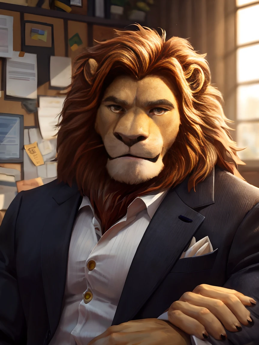 office，Looking at you with an embarrassed expression, Scene at the desk, , (super detailed), sharp focus,Shy，lion orc,golden eyes, brown mane, Light-colored fur, White beard, human nature (lion), male, middle aged, Shallow body, white belly, muscular, super detailed face, (exquisite eyes)frown,Embarrassed expression，Tooth grinned，suit and tie，motion blur, (best quality), (masterpiece), high detail, high quality, Award-winning, high resolution, HD, 16K, 