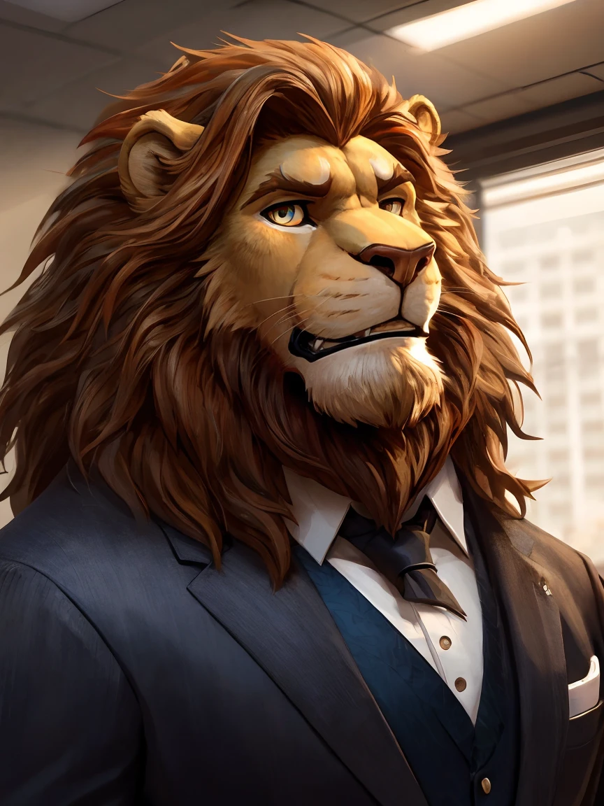 office，Looking at you with an embarrassed expression, Scene at the desk, , (super detailed), sharp focus,Shy，lion orc,golden eyes, brown mane, Light-colored fur, White beard, human nature (lion), male, middle aged, Shallow body, white belly, muscular, super detailed face, (exquisite eyes)frown,Embarrassed expression，Tooth grinned，suit and tie，motion blur, (best quality), (masterpiece), high detail, high quality, Award-winning, high resolution, HD, 16K, 