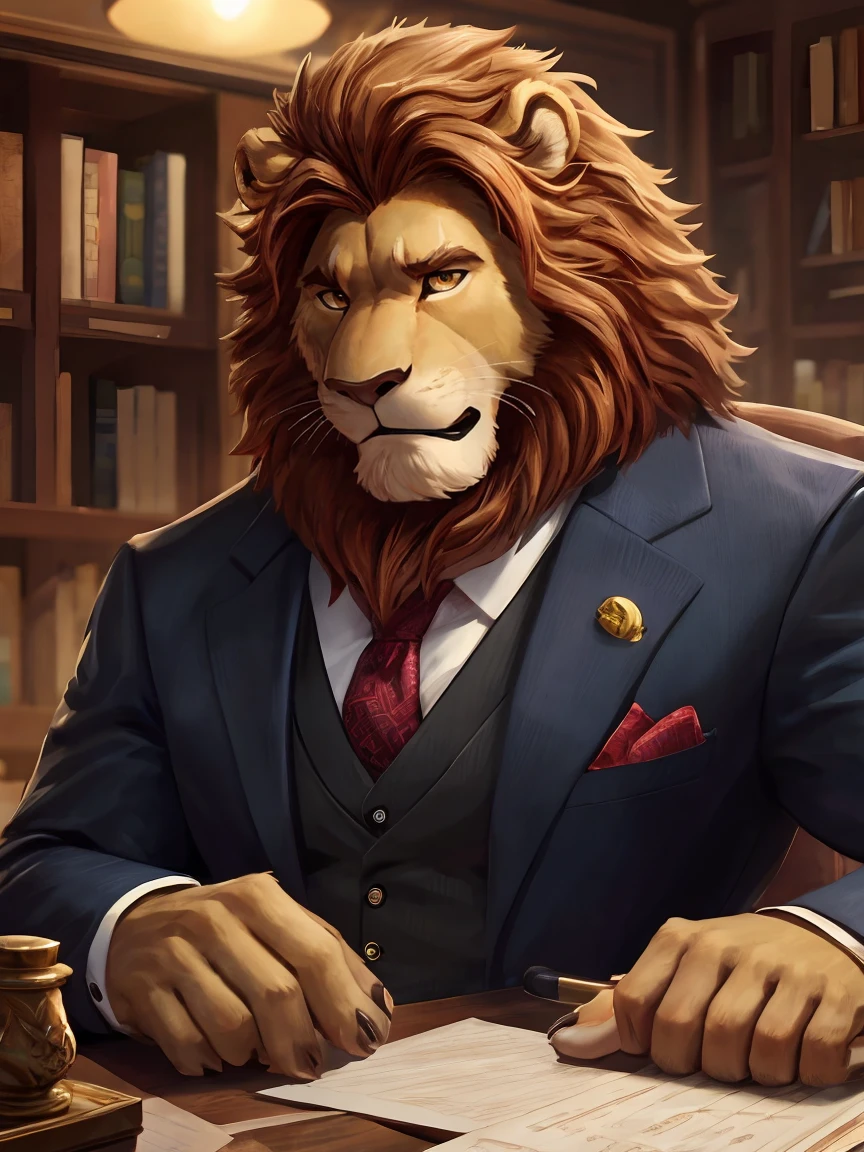 office，Looking at you with an embarrassed expression, Scene at the desk, , (super detailed), sharp focus,Shy，lion orc,golden eyes, brown mane, Light-colored fur, White beard, human nature (lion), male, middle aged, Shallow body, white belly, muscular, super detailed face, (exquisite eyes)frown,Embarrassed expression，Tooth grinned，suit and tie，motion blur, (best quality), (masterpiece), high detail, high quality, Award-winning, high resolution, HD, 16K, 