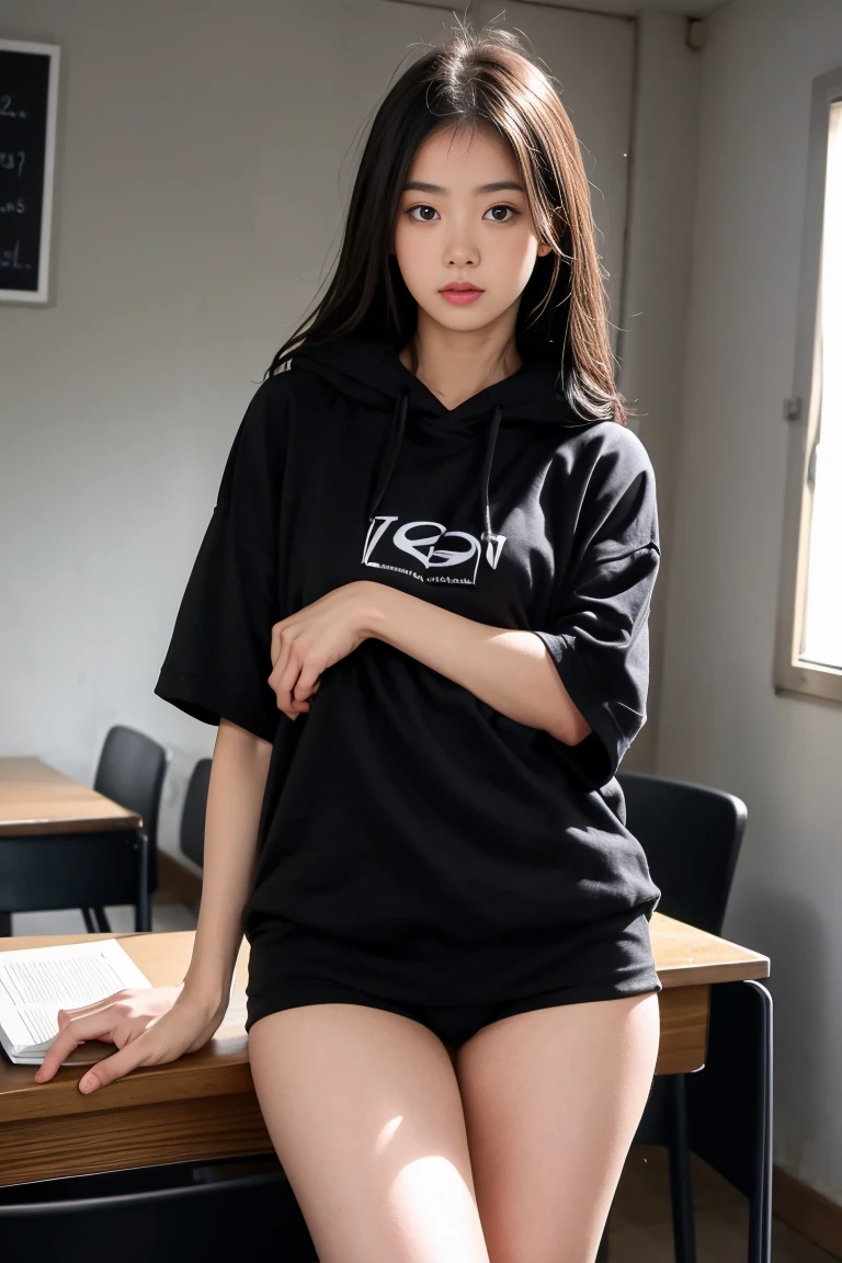une femmes de 18 ans sexy et mince , black short sleeve hoodie , salle de classe, se touche,position sey,sensuel
