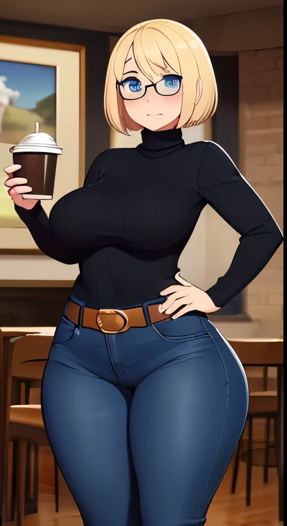 ((Masterpiece)), perfect anatomy, perfect shading, field of depth, (best quality), extremely delicate and beautiful, perfect lighting, detailed face, ultra cute face, cute, (cowboy shot 1.2), full body, (((1girl))), ((solo)), looking at viewer,
short hair, fluffy hair, blonde hair, blue eyes, Glasses, ((blush)), shy, nervous (black turtleneck sweater 1.5), (jeans 1.2), belt, extremely tight clothes, medium breasts, ((wide hips)), (((thick thighs))), ((curvy)),
cafe, intricate background, detailed background, hand on hip, holding coffee cup,
