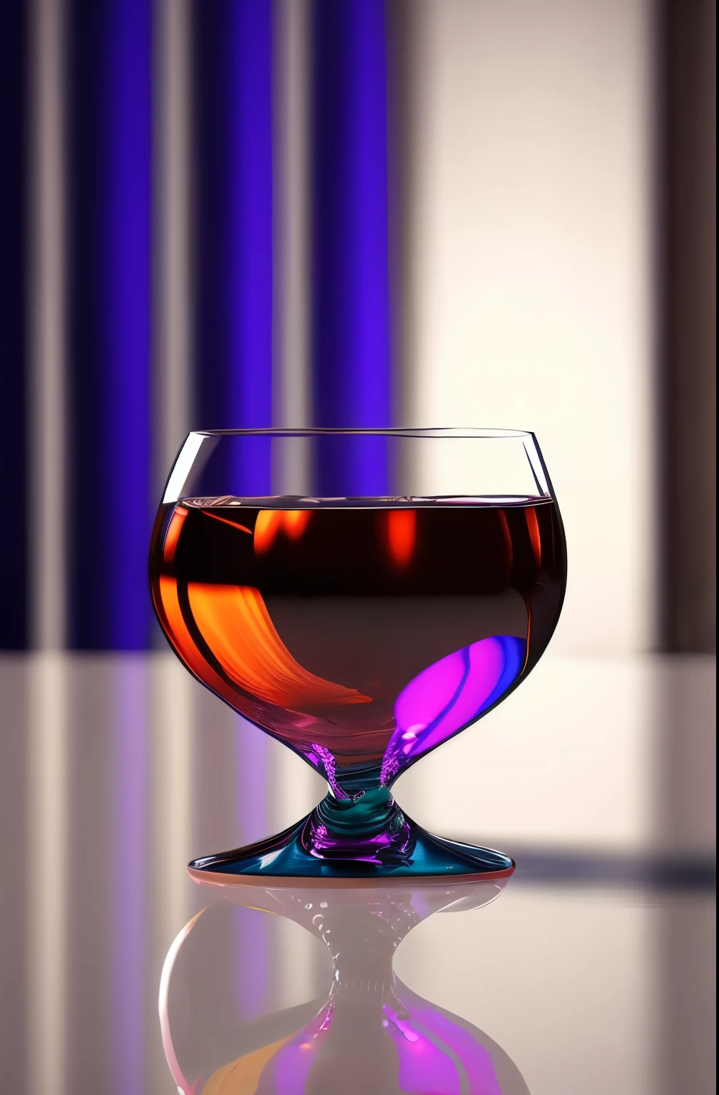 surreal glass shape, liquid glass, chromatic aberration, broken prism, refraction, light caustics, detailed illustration , oranges on a white marble table, deep purple velvet drapes, 8k, photography style,2 glasses with orange bioluminescent fluid in them, on a white marble table, bioluminescent, colorfull, glow,