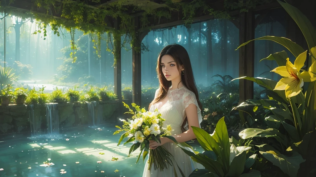 32k, Masterpiece, Highest quality, One girl, Brown Hair, Detailed eyes, flower,Amaryllis, Blue and green style,A dreamy, romantic piece,Pale yellow, Mysterious Leaves,A playful arrangement,Fantasy,High Contrast,Ink strokes,explosion,Exposure, Impression of blue and green tones,Abstract, Brush strokes,Negative Space, Tyndall effect, ((Watercolours by John Berkey and Jeremy Mann ))