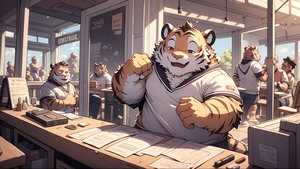 Tiger personification、A happy look、masterpiece、Highest quality、Detailed Background、amusement park