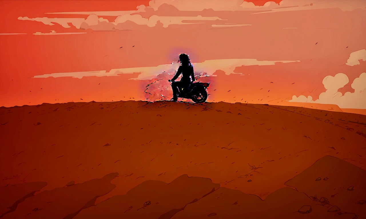 The silhouette of the rider, a long-haired woman, and the motorcycle is clearly visible against the glowing sky.