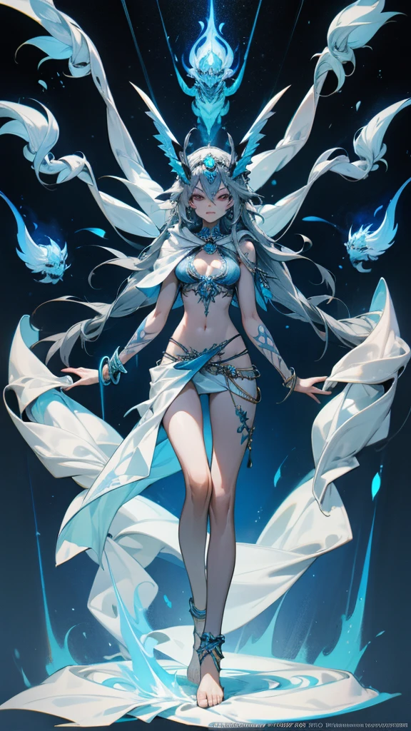 Adult woman with long gray hair and blue skin,headgear,Bracelet,anklet,Indian Goddess,six arms,Bare arms,White top,cleavage,Bare waist,Tattoo,Hood cloth,Bare Legs,barefoot,Standing,blue flame
