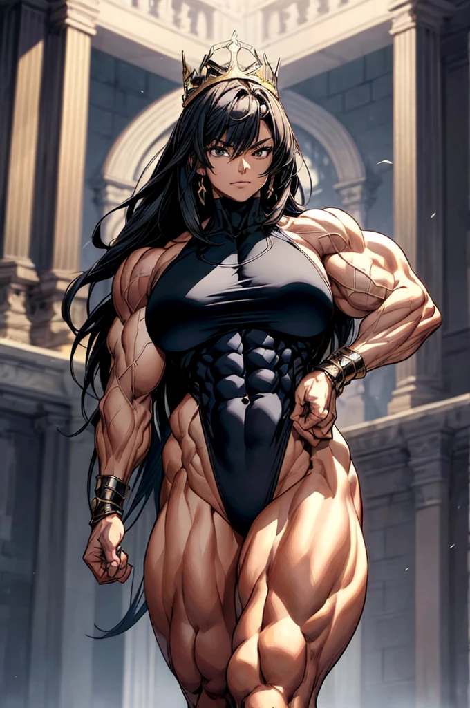 (Best lighting) , (Very intricate details) , 4K Integration, (Super fine CG: 1.2) , (8K: 1.2),(original), (masterpiece) , (Highest quality),(masterpiece:1.4),((Full images))、Anime-ish high quality,(masterpiece),masterpiece, Highest quality, Absurd,((Masterpiece, 4K, 8K, High resolution)),(masterpiece), (Highest quality), (Super detailed), (Very delicate and beautiful), ((Cowboy Shot)), 1 female,
((Female Bodybuilder:1.5)),A woman with a muscular chest like a male bodybuilder, Huge body、Giant、10 meters tall、((Beautiful woman)),((Woman warrior)),(((Full body image:1))),from frontknight girl,Brave and resolute attitude,((Metal armor)),(Plate Mail),((Metal armor shaped like pectoral and abdominal muscles)), ((Heavy armor)), Metal Reflection,Castle Background,wear black tights、The Great Hall of the Royal Palace,Soft sunlight,Fluttering Cloak、Brave pose,Strength and elegance,Solemn atmosphere,Powerful aura,((The Queen's Appearance))、Determined jawline,((The Strongest Queen of Mankind))、Huge muscular physique,Protruding veins、Raised trapezius muscle、very thick neck、Strong arms with bulging biceps、A muscular chest、Six-pack、((Thick, muscular legs))、Overflowing with incredible strength、Muscles bulging out from under the force of force all over the body、Graceful Movement,A commanding presence,Poses that show off their monstrous power,Dynamic configuration,Vibrant colors,Perfect balance,Light and shadow contrast,Down to the smallest thread,Sharpen highlights and shadows,Impressive level textures,Sharp focus,Rich and realistic backgrounds,Magnificence and grandeur,((The Mighty Queen)),((Queen of Superpowers)),((A powerful queen of dignity and grandeur)), Inspiring and majestic,Dignified and fierce,Guardian of the kingdom,Unstoppable courage,Divine Destiny,Indomitable spirit,Unforgettable beauty,Unwavering Strength