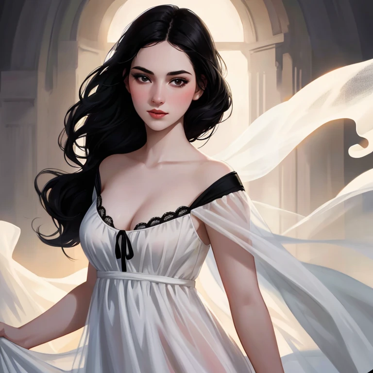 beautiful girl with realistic black eyes, pale skin, mid-length black hair, cum on perfect face, perfect eyes, wearing sheet sundress, highly detailed, comprehensive cinematic, digital painting, 8k, cinematic lighting, best quality, highres, detailed work, post-processing, perfect result, hyper realistic
