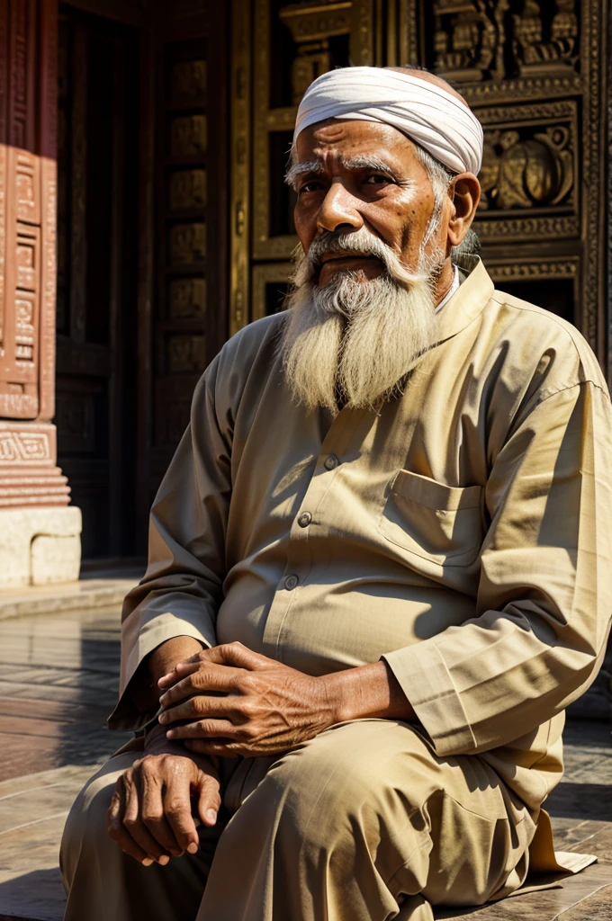 Generate an old man sitting near the golden temple india